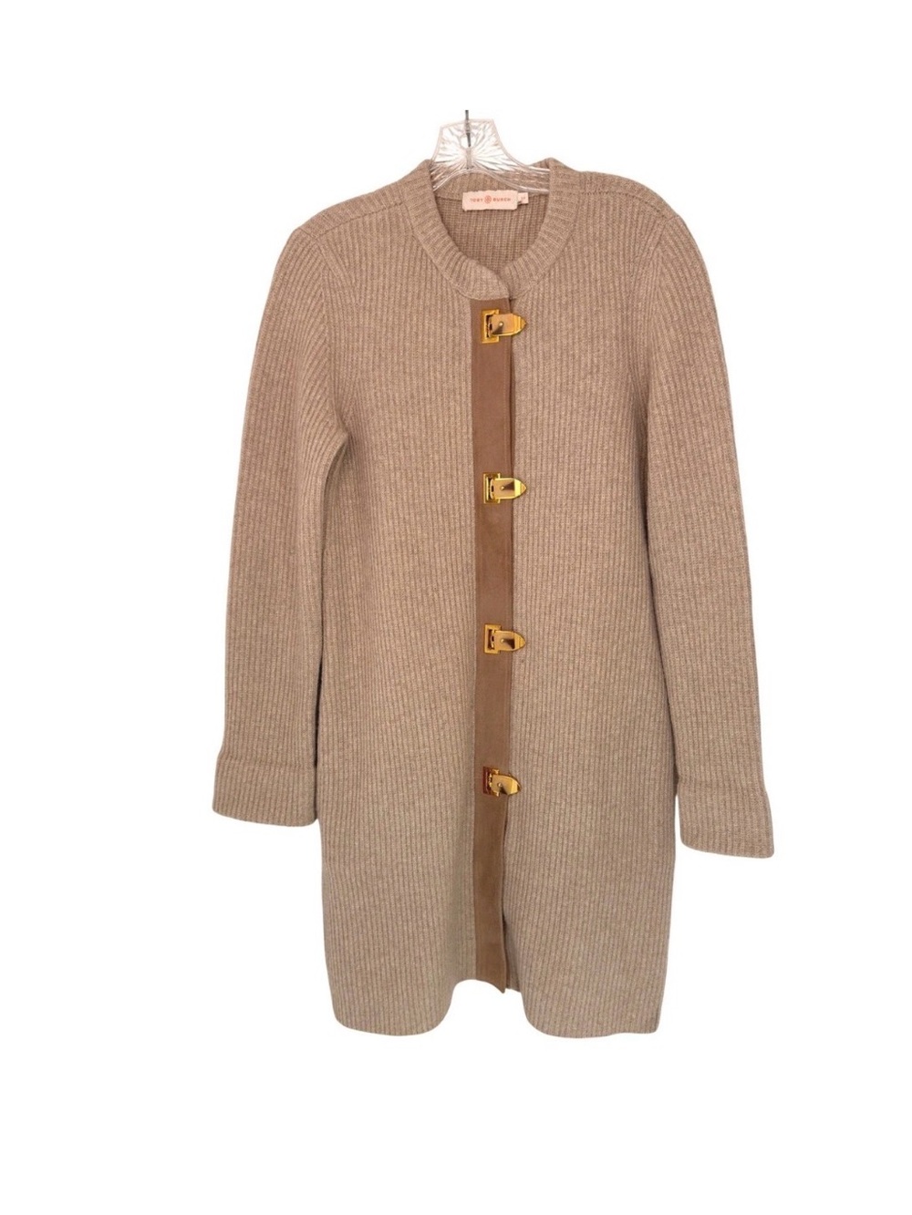 Tory Burch Camel Beige Ribbed Toggle Coatigan with Gold Hardware XL